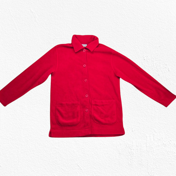Y2K Vintage Cherry Red Collared Button Down Vibrant Fleece Jacket Size Medium - Picture 9 of 10